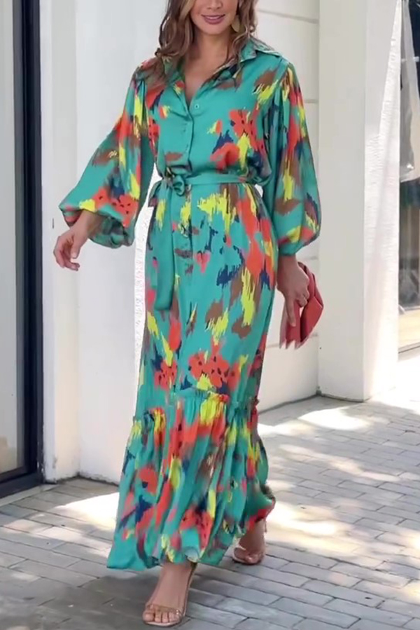 Multicolor Printed Lapel Balloon Sleeves Tie-waist Maxi Dress-consonak