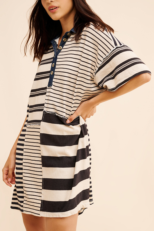 Contrast Striped Patchwork Denim Lapel Loose Casual Mini Dress-consonak
