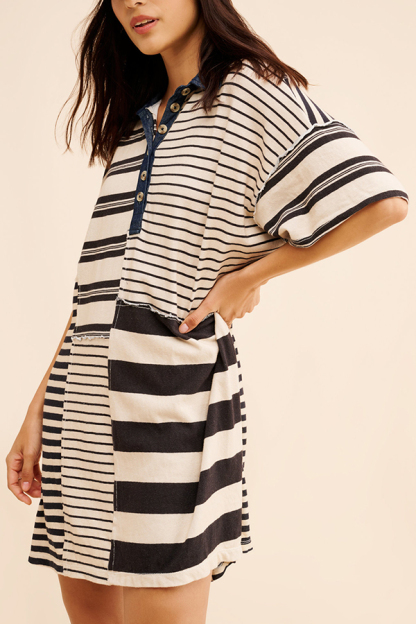 Contrast Striped Patchwork Denim Lapel Loose Casual Mini Dress-consonak