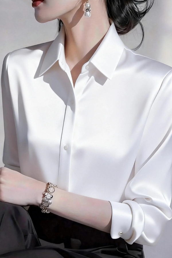 Solid Color Satin Collared Long-sleeved Button-down Casual Shirt