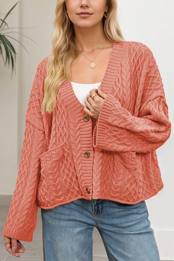 Solid Color Loose V-neck Long-sleeved Casual Pocket Knitted Cardigan-consonak