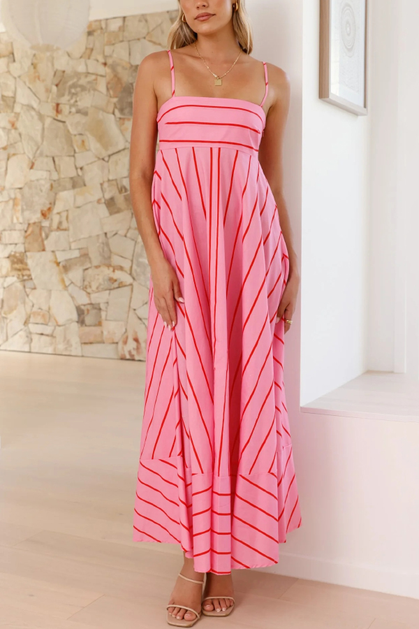 Striped Printed Spaghetti Strap Sleeveless Back Pleated Casual Maxi Dress