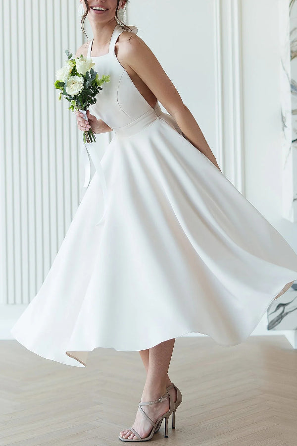 Solid Color Halter Neck Bow Tie Elegant Waist-cinching Midi Dress-consonak