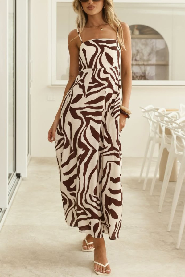 Zebra Print Sleeveless Spaghetti Strap High-waisted Vacation Maxi Dress