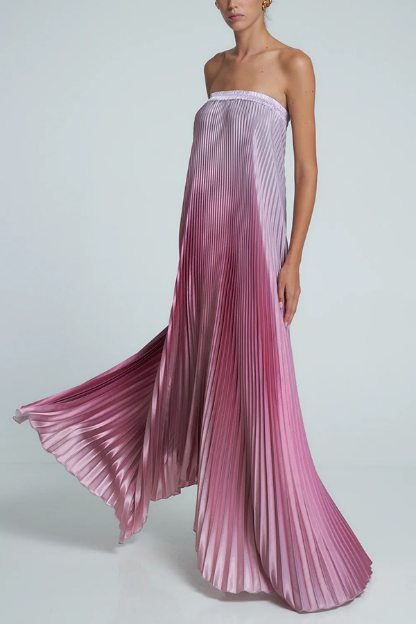 Gorgeous Styling Satin Pleated Elastic Bust Strapless A-line Gown Maxi Dress | Consonak