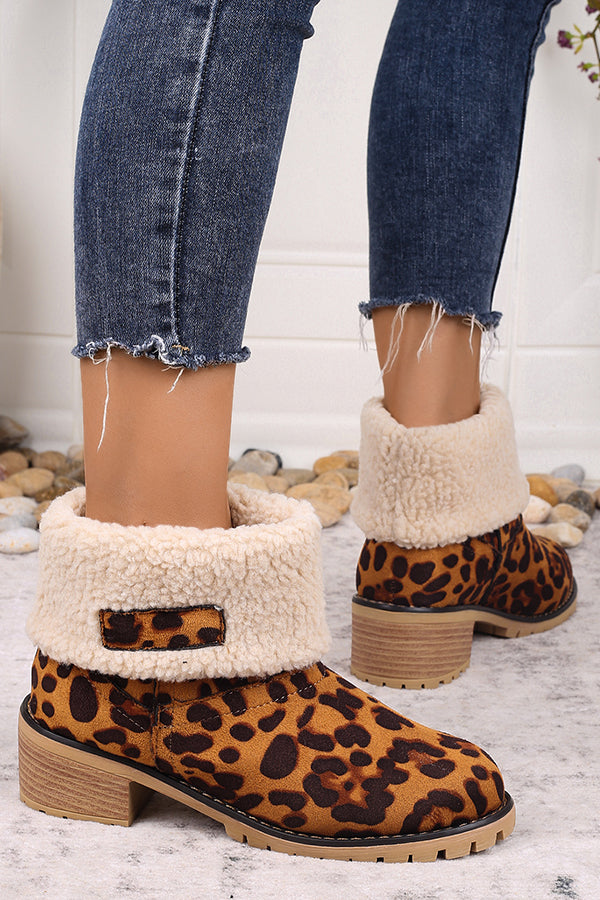 Leopard Print Thick Heel Warm Mid-calf Snow Shoes-consonak