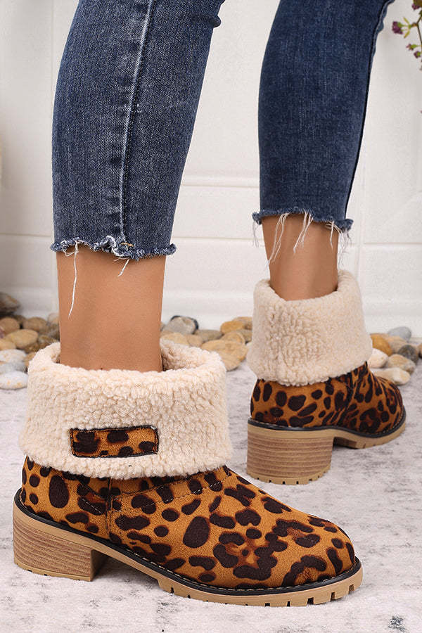 Leopard Print Thick Heel Warm Mid-calf Snow Shoes-consonak