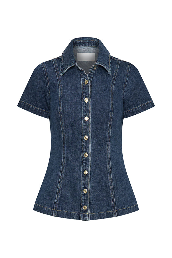 Modern Flavor Denim Short Sleeve Button Up Princess Seams Stretch Top | Consonak