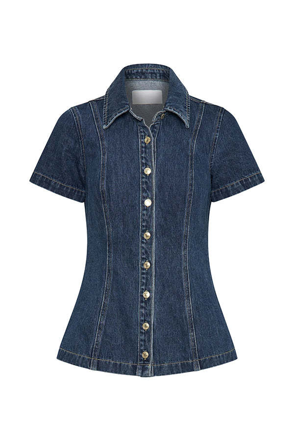 Modern Flavor Denim Short Sleeve Button Up Princess Seams Stretch Top-consonak