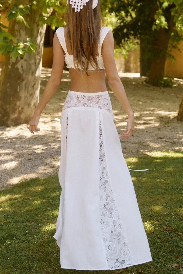 Solid Color Pleated Tie-front Top and Elegant Patchwork Lace Openwork Maxi Skirt Set-consonak