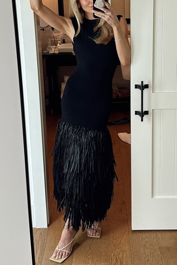 Christie Ribbed Patchwork Tiered Fringed Hem Zipper Backless Maxi Dress-consonak