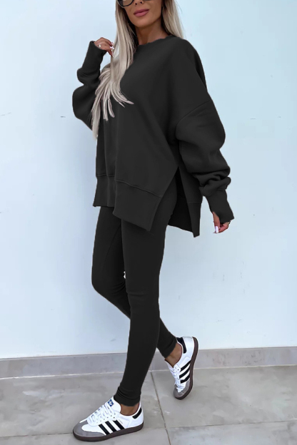 Solid Color Loose Long Sleeve SlitSweatshirt and Elastic Waist Tight Pants Set-consonak