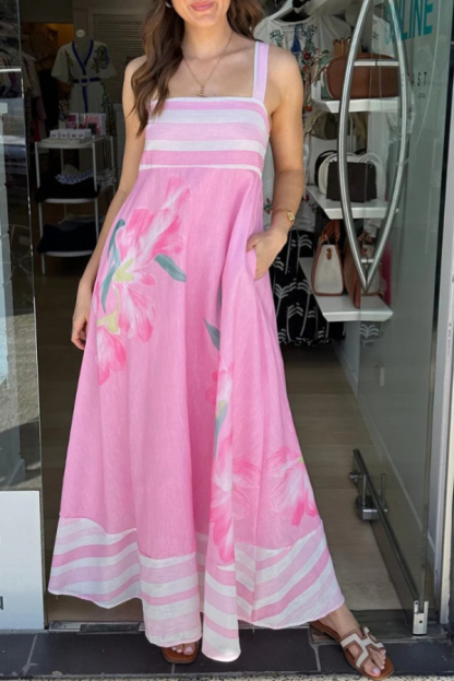 Floral Print Sleeveless Square Neck Casual Pocket Holiday Maxi Dress