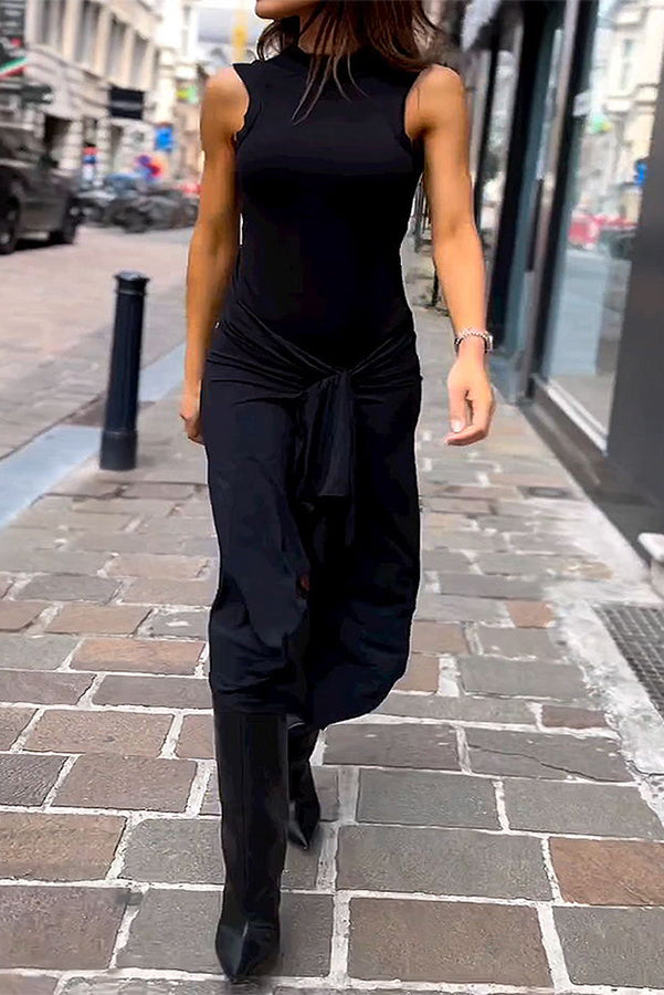 Zella Round Neck Sleeveless Tie Waist Tank Midi Dress-consonak