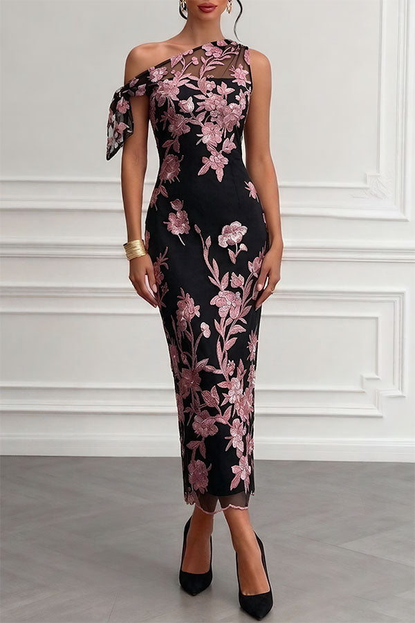 Kylen Floral Embroidery Bow Lace One Shoulder Sleeveless Sheath Maxi Dress-Consonak