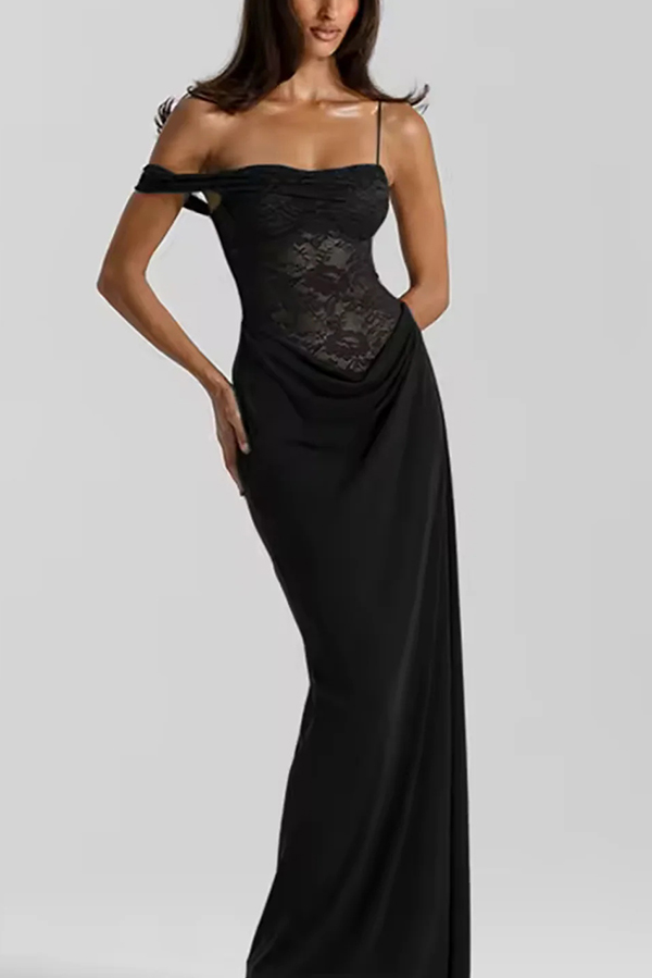 Sexy See-Through Lace Suspender Slim Slit Maxi Dress-consonak