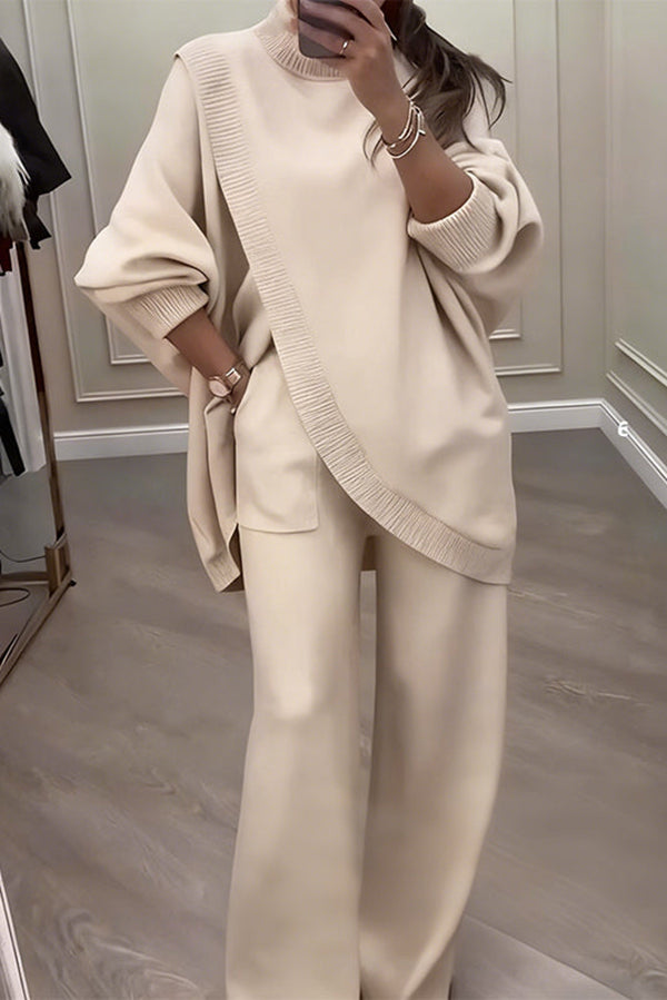Solid Color Loose-fitting Turtleneck Knit Top and Elastic Waist Casual Pocket Straight Leg Pants-Consonak