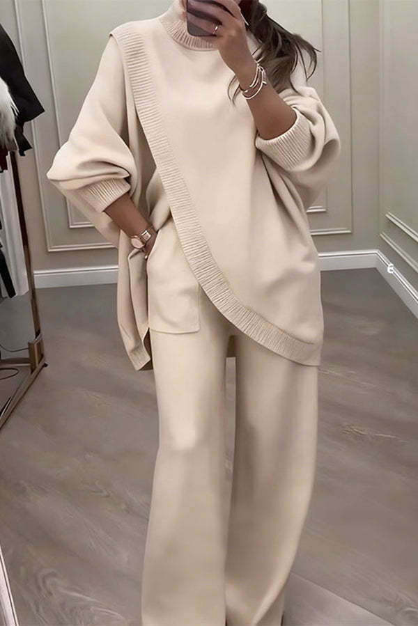 Solid Color Loose-fitting Turtleneck Knit Top and Elastic Waist Casual Pocket Straight Leg Pants-consonak