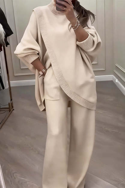 Solid Color Loose-fitting Turtleneck Knit Top and Elastic Waist Casual Pocket Straight Leg Pants-consonak