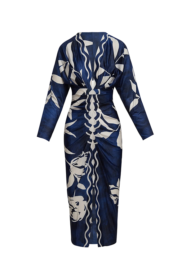 Brazilian Style Unique Print Dolman Long Sleeve Ruched Slit Midi Dress  Vestidos-consonak