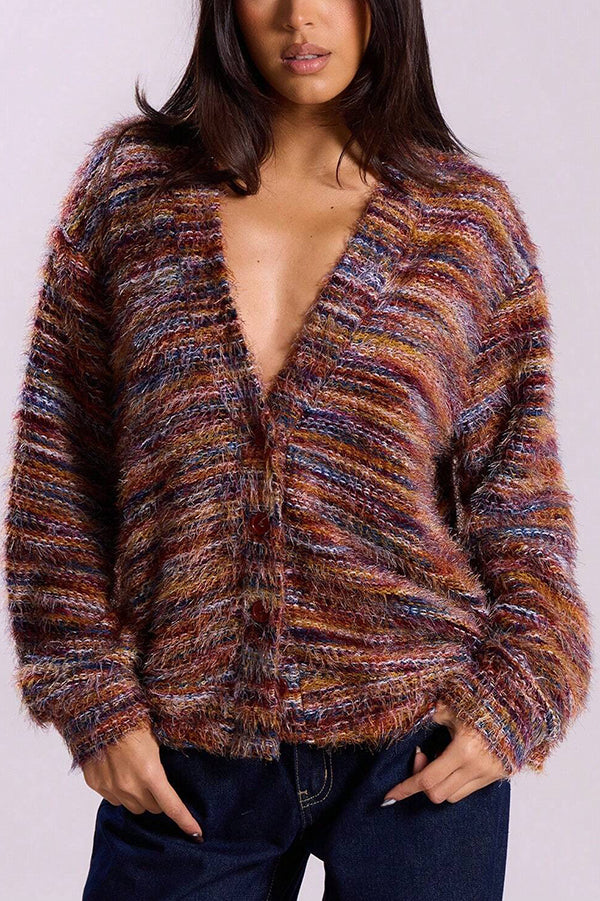 Fashionable Mixed Color Loose V-neck Casual Knit Cardigan-consonak
