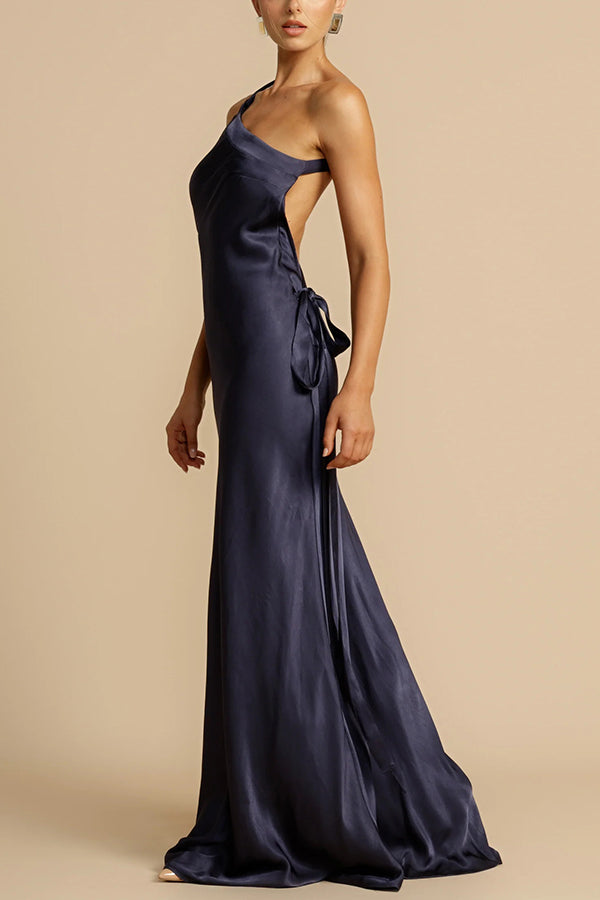 Moonlit Soiree Satin Asymmetrical One Shoulder Backless Strap Maxi Dress | Consonak