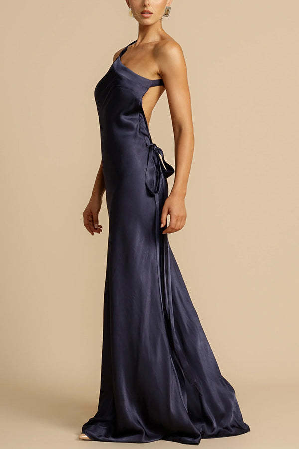 Moonlit Soiree Satin Asymmetrical One Shoulder Backless Strap Maxi Dress-consonak
