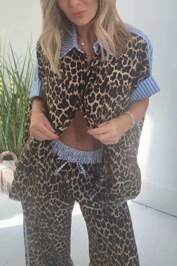Comfortable Leopard Stripes Colorblock Print Oversized Shirt and Elastic Waist Pocket Loose Pants Set-consonak