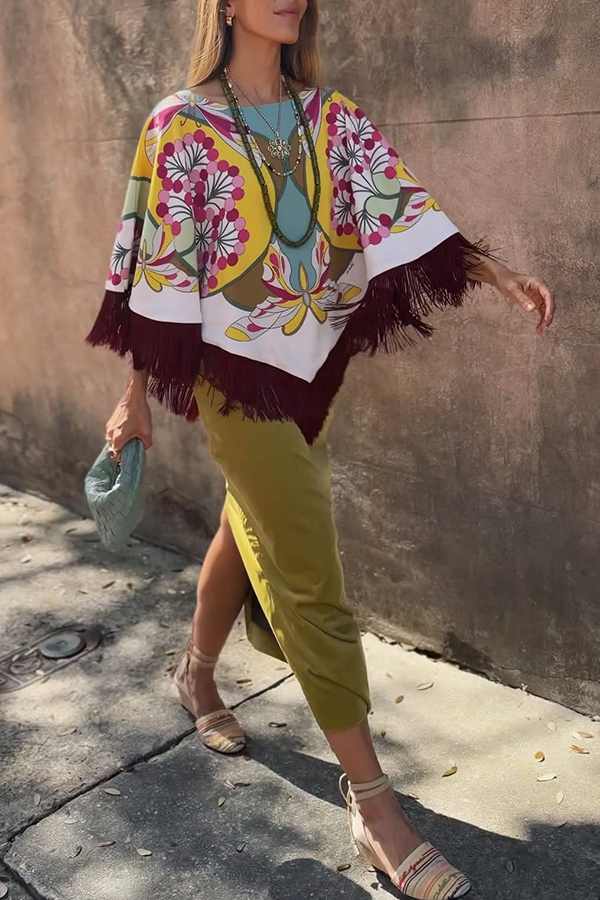 Boho Ethnic-style Floral Pattern Tassel Trim Loose Cape Top-consonak