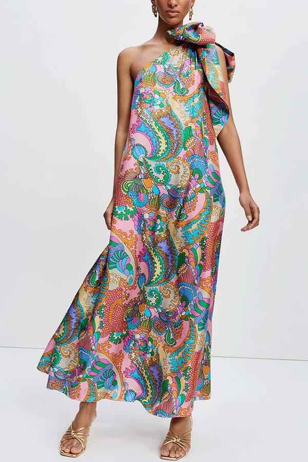 Rainbow Breeze Satin Unique Print Bow One Shoulder Loose Maxi Dress | Consonak