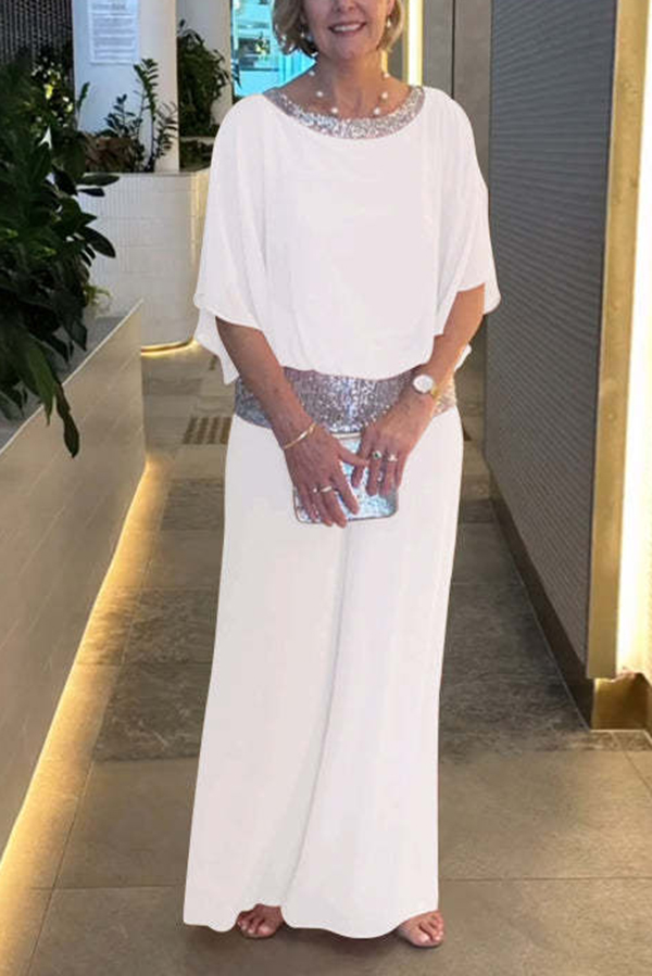 Stylish Sequin Patchwork Dolman Sleeve Top and Elastic Waist Wide Leg Pants Set-consonak
