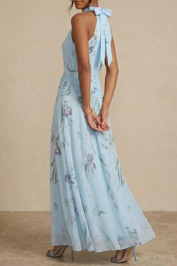 Aria Ruched Halter Floral Dress-Consonak