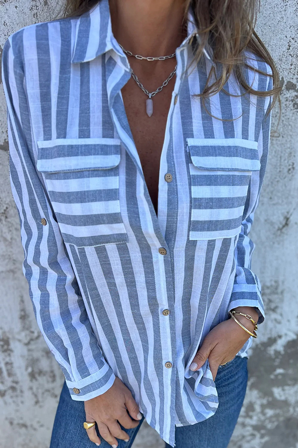 Striped Print Casual Pocket Shirt Top-consonak