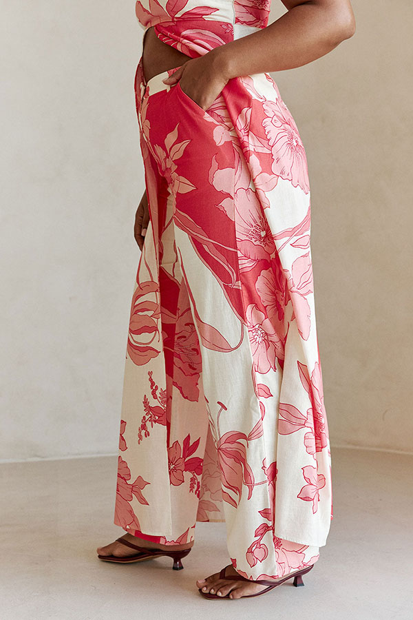 Flora Sunset Linen Blend Printed Front Slit Strapless Midi Top and High Rise Pocket Loose Pants Set