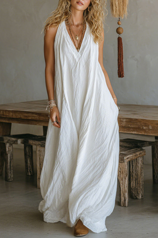 Linen Blend Solid Color Loose V-neck Sleeveless Pocket Casual Maxi Dress | Consonak