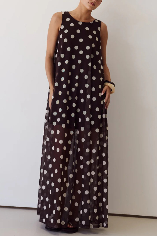 Polka Dot Print Loose Round Neck Sleeveless Mesh Casual Maxi Dress | Consonak