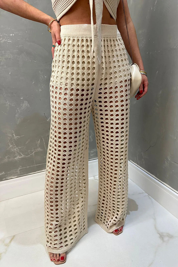 Riley Knit Front Knotted Bandeau and Stretch Hollow Out Wide Leg Pants Set-consonak