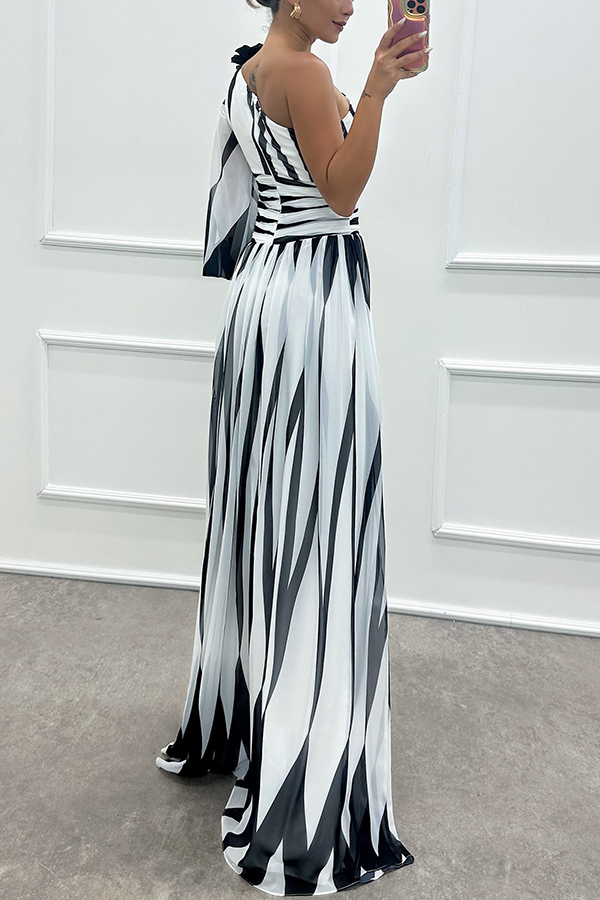 Purely Charming Printed Rose Pendant One Shoulder Pleated Slit Maxi Dress | Consonak