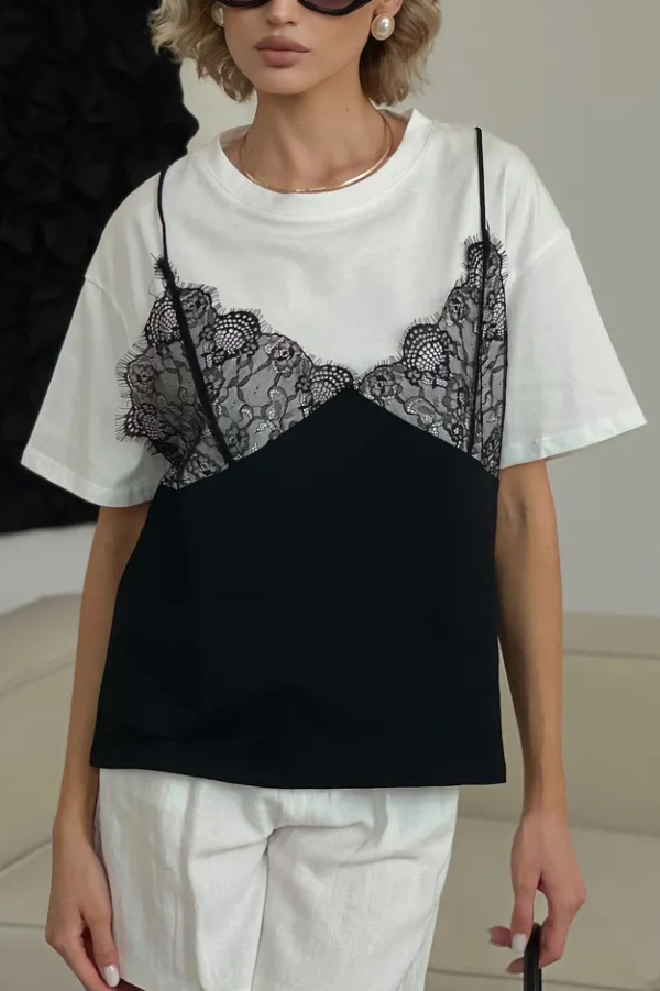 Fashionable Lace Patchwork Loose-fitting Round Neck Short-sleeved T-shirt