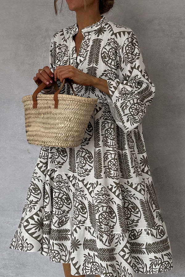 Unique Printed V-neck Bell Sleeve Mini Dress-consonak