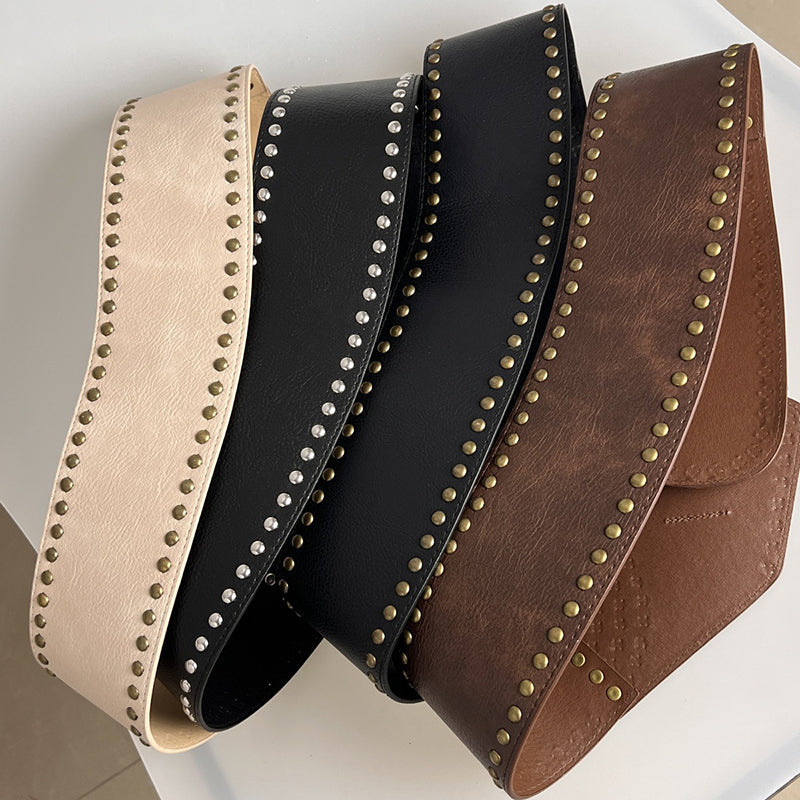 Vintage Faux Leather Rivet Pin Buckle Wide Belt-consonak