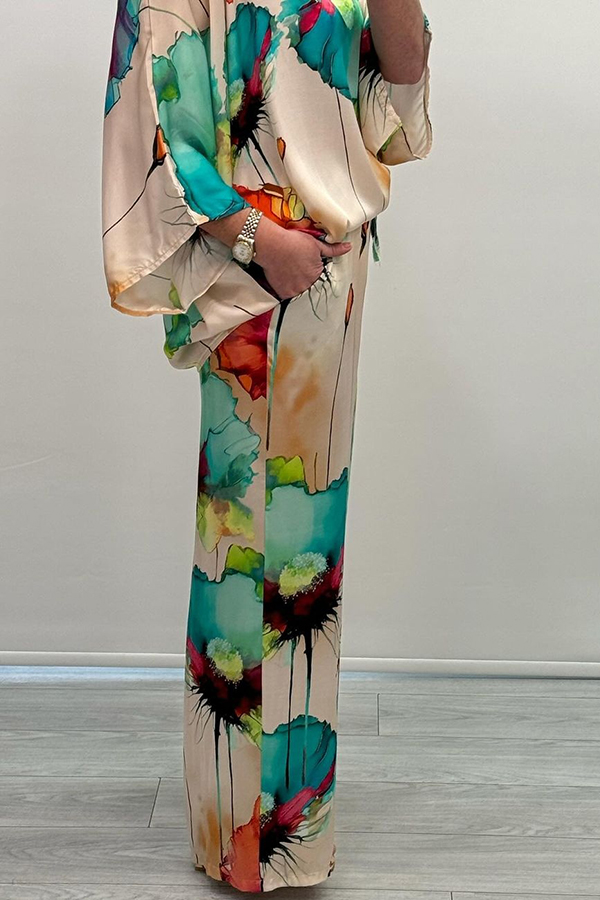 Satin Botanical Print Crew Neck Casual Top and Elastic Waist Loose Pocket Pants Set-consonak