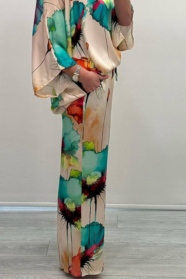 Satin Botanical Print Crew Neck Casual Top and Elastic Waist Loose Pocket Pants Set-consonak