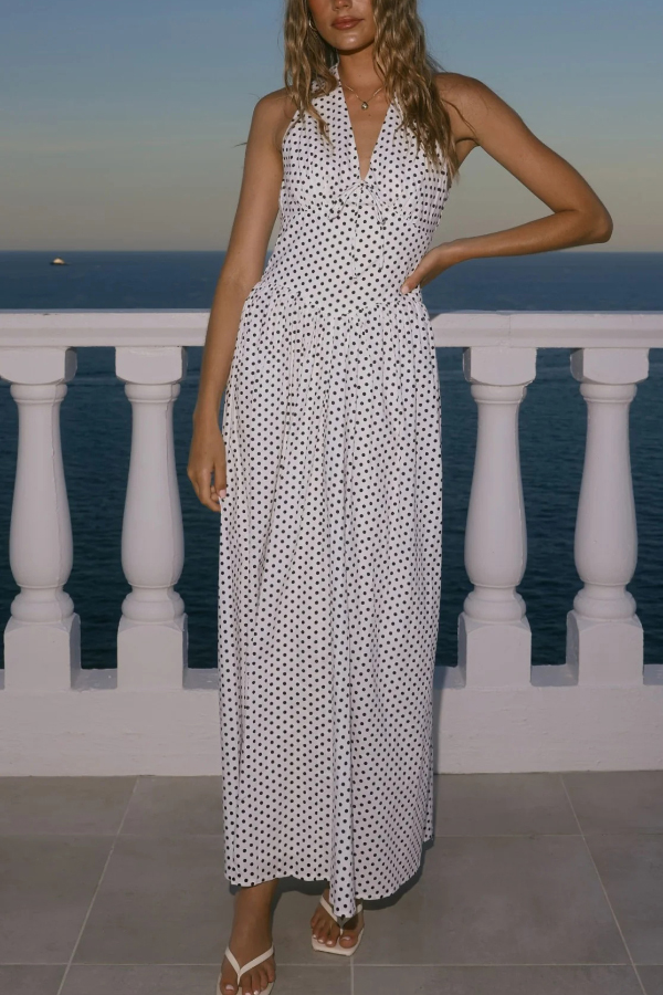 Polka Dot Print Halter Neck Fitted Waist Holiday Maxi Dress-consonak