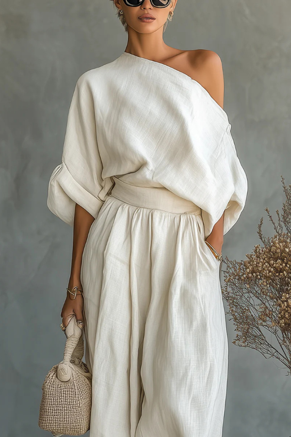 Solid Color Off-shoulder Loose Top and Elastic Waist Casual Pocket Wide-leg Pants Set | Consonak