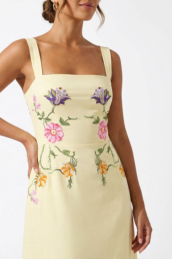 Artistically Crafted Symmetrical Floral Print Square Neck Pencil Midi Dress