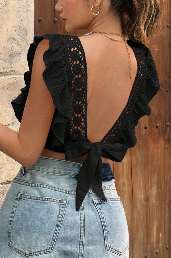 Solid Color Square Neck Lace Trim Slim-fit Cropped Top-consonak