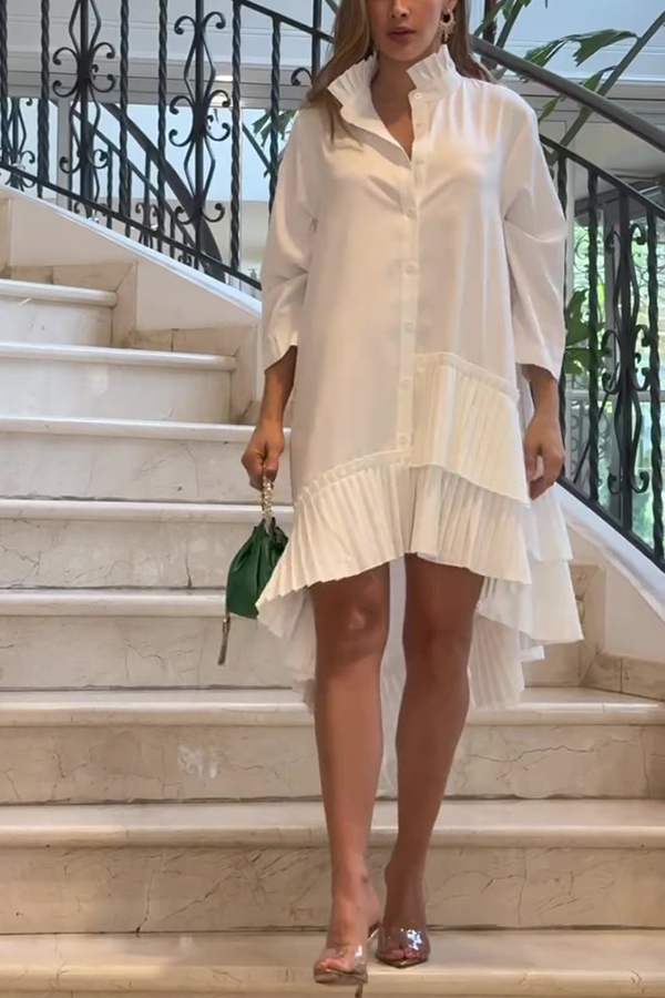 Solid Color Palace Style Loose Irregular Pleated Hem Mini Dress-consonak
