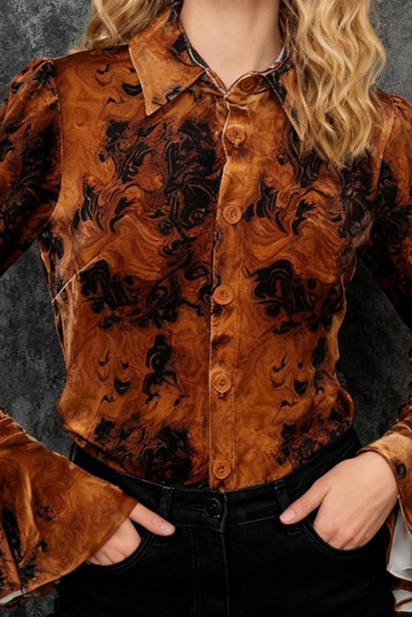 Unique Printed Velvet Flared Long-Sleeve Casual Shirt-consonak