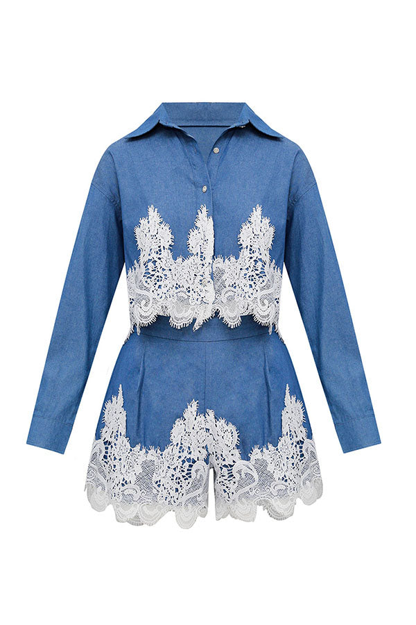 Nasha Denim Lace Trim Button Long Sleeve Shirt and High Rise Pocket Wide Leg Shorts Set-consonak